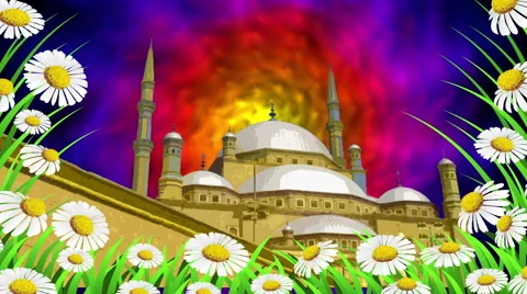 Mosque Sun Rising And Calendula Flowers Stock Footage 45971931