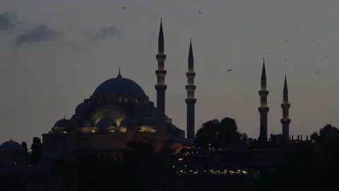 Mosque at sunset. Birds flies. Side view. Illumination. Minarets Stock Footage 179678027