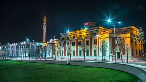 Mosque in Tirana at night 스톡 동영상 69824012