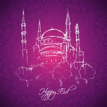 Mosque tower on dark purple background Stock Illustration