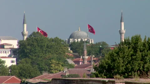 Mosque with Turkish Flags Minaretts Stock Footage 48236818