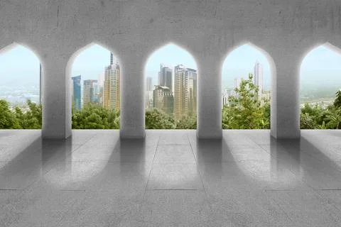 Mosque window with a cityscape view Stock Photos