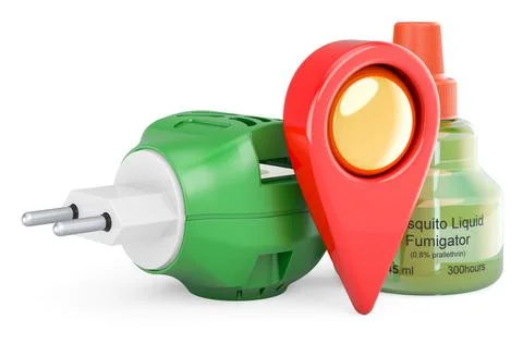 Mosquito liquid fumigator with map pointer. 3D rendering Stock Illustration