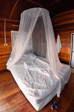 Mosquito net on the bed Stock Photos