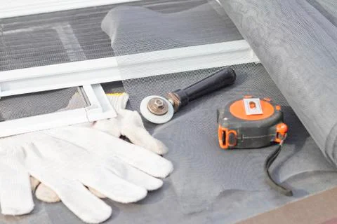 Mosquito nets samples. On open air. The desktop on which the products will be Stock Photos
