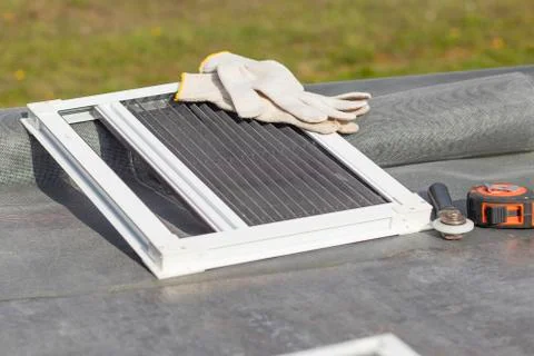 Mosquito nets samples. On open air. The desktop on which the products will be Stock Photos