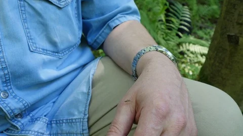 Mosquitoes bites man in the forest Stock Footage 110826746