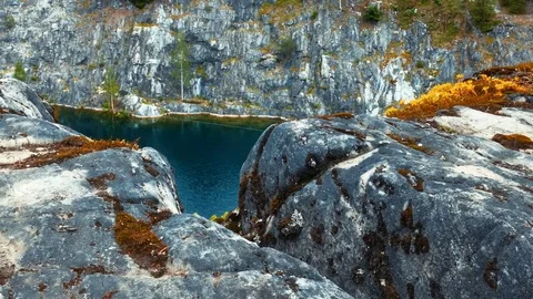 Moss and Rocks at Marble Canyon Ruskeala, Karelia, Russia Stock Footage 71445065