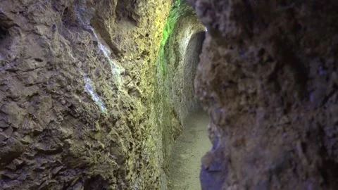 Moss covered cave wall forming natural corridor tunnel - Subterranean Rock Stock Footage 339697943