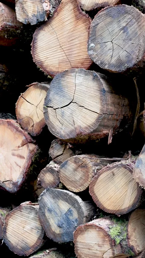 Moss Covered Cut Tree Ends Showing Fresh Timber Cross Sections. vertical video Stock Footage 345644779