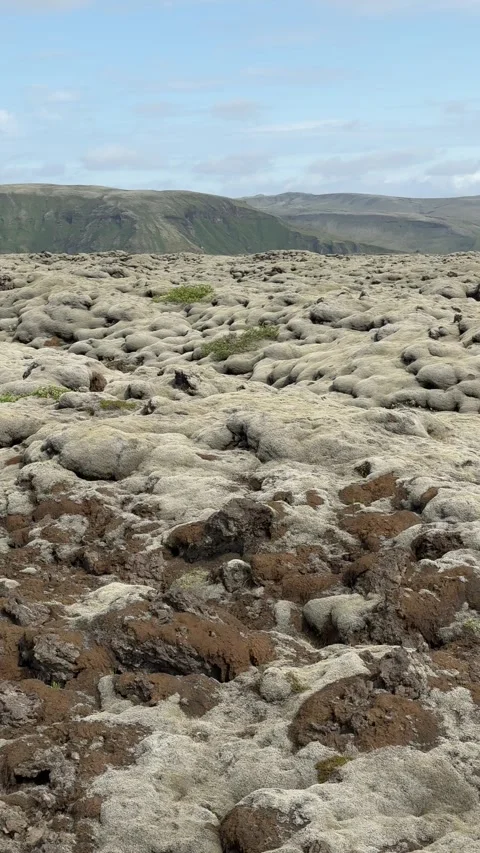 Moss-covered lava fields near Eldhraun, Iceland — a surreal volcanic landscape f Stock Footage 312232787