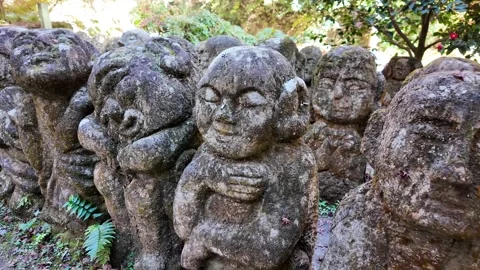 Moss-Covered Rakan Stone Statues at Otagi Nenbutsu-ji Temple in Kyoto, Japan Stock Footage 327230123