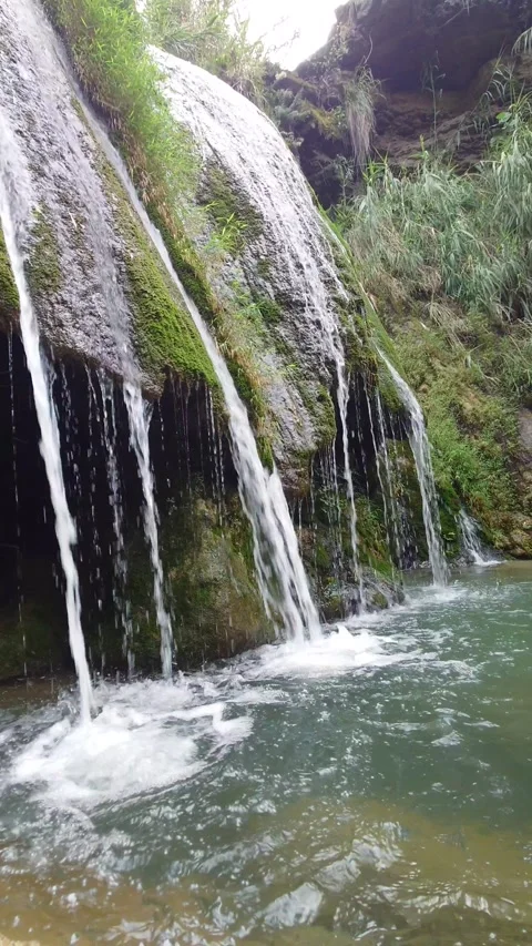 Moss Covered Rock Waterfall Flowing Into Natural Pool - 4k Vertical Footage Stock Footage 343439694