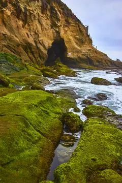Moss Covered Rocks and Dramatic Sandstone Cliff by Ocean Surf Stock Photos