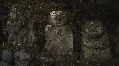 Moss Covered Stone Statues in Japanese Temple Garden Stock Footage 331557542