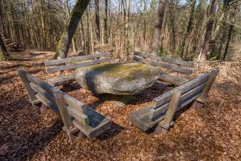 Moss-Covered Stone Table Surrounded By Wooden Benches In Autumn Forest Clearing Stock Photos