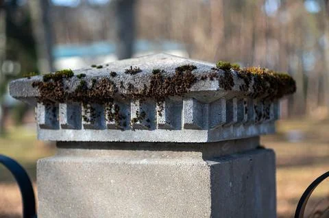 Moss grows on a stone pillar in a park with trees in the background during th Stock-Fotos