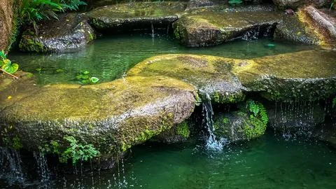 Moss rocks with a cascading water feature in a tropical garden Stock Photos
