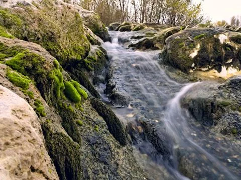 Moss on rocks by a flowing river Stock Photos