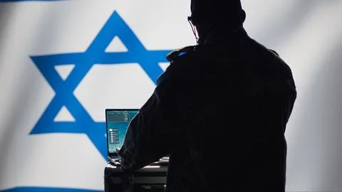 Mossad secret agent uses software to do war covert operations Stock Photos