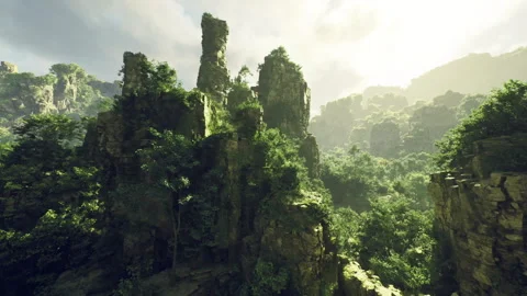 Mossadorned karst formations piercing through vibrant jungle canopy Stock Footage 339628778