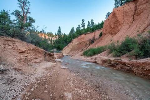 Mossy Cave Trail at sunset, Bryce Canyon National Park in summer season. Stock Photos