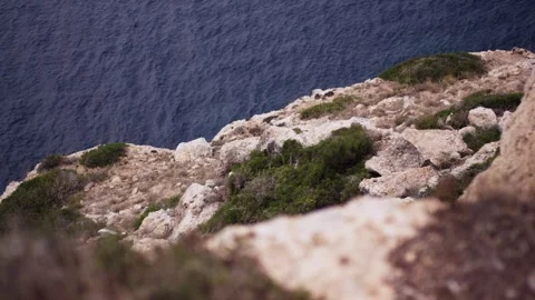 Mossy Cliff Edge Overlooking Deep Blue Sea, Mediterranean Coast, High Angle Shot Vídeo Stock 340624008