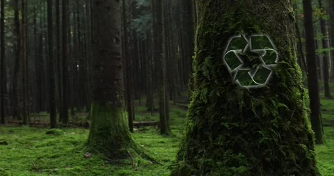 Mossy forest tree closeup with recycle symbol rotation Stock Footage 341606898