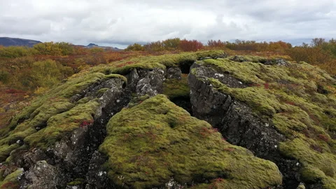 Mossy lava field cracked - drone circle around Vídeo Stock 345939672