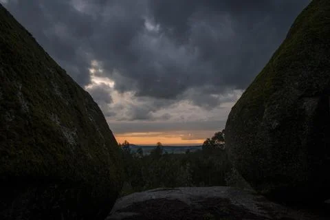 Mossy rocks at sunset Stock Photos
