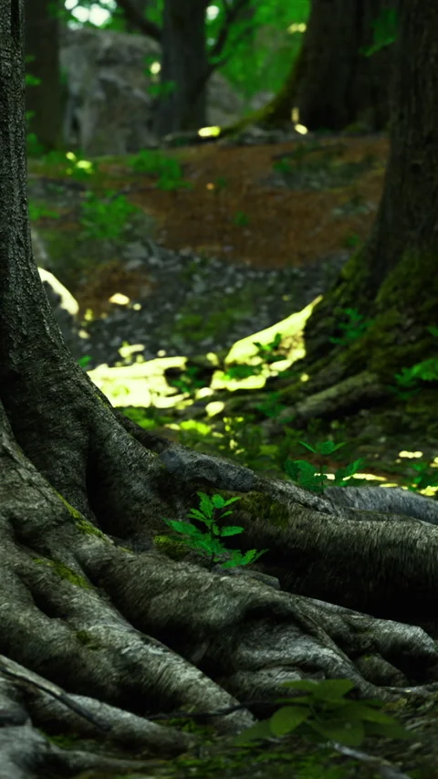 Mossy roots and sunlight create a peaceful forest pathway in springtime Stock Footage 335237265