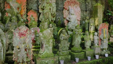 Mossy stone Buddhist statues and Fudo Myoo hidden in a Japanese forest Stock Footage 339041524