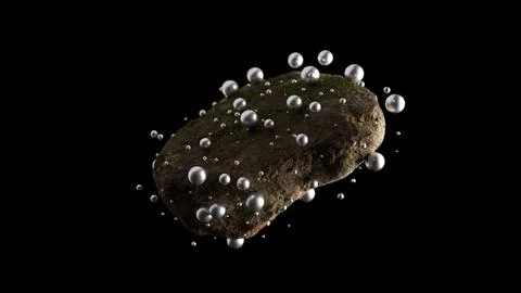 Mossy stone floating with reflective silver spheres Illustrazione stock
