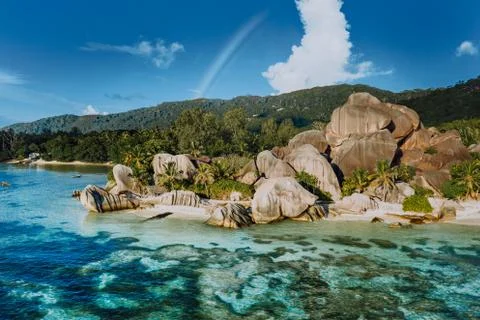 The most beautiful Anse Source D'Argent tropical beach, La Digue Seychelles Stock Photos