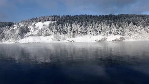Most beautiful river in the winter. Snow-covered trees on the river bank. Aerial Video stock 73071098