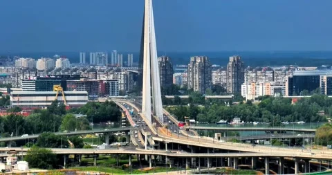 Most na Adi, Ada Bridge Belgrade Serbia drone Stock Footage 196300485