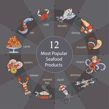 Most popular seafood Stock Illustration