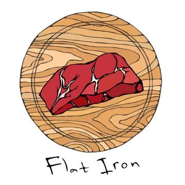Most Popular Steak Flat Iron on a Round Wooden Cutting Board. Beef Cut. Meat  Stock Illustration