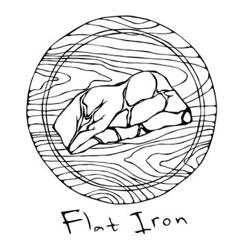 Most Popular Steak Flat Iron on a Round Wooden Cutting Board. Beef Cut. Meat  Stock Illustration