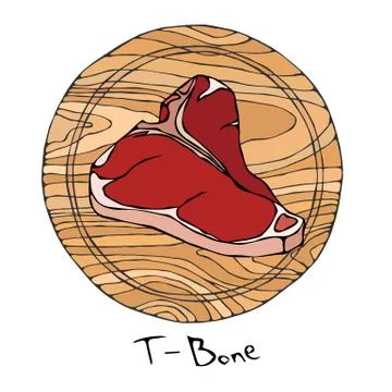 Most Popular Steak T-Bone on a Round Wooden Cutting Board. Beef Cut. Meat Gui Stock Illustration