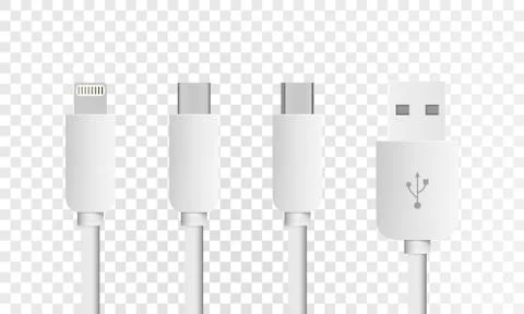 Most of standard USB type-C plugs, micro, lightning, universal computer white Stock Illustration