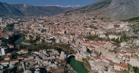 Mostar bridge high aerial shot general view of the old city. Stock Footage 128917207