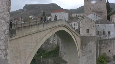 Mostar Bridge oblique view Stock Footage 12538972
