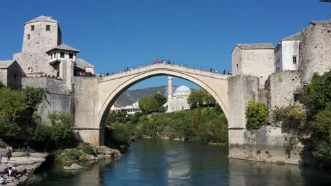 Mostar old bridge Aerial Stock Footage 131981704