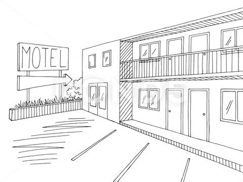 Motel exterior graphic black white sketch illustration vector: Royalty ...