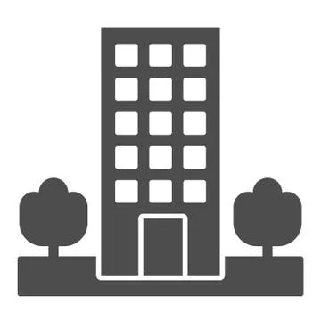 Motel solid icon. Skyscrape building with trees symbol, glyph style pictogram on Stock Illustration