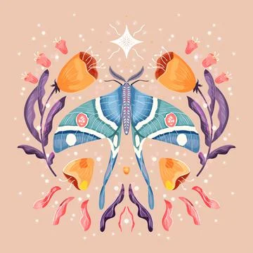 Moth and floral motifs, pattern design in symmetry. Colorful flat vector Stock Illustration