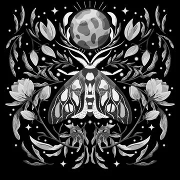 Moth and floral motifs, pattern design in symmetry. Stock Illustration