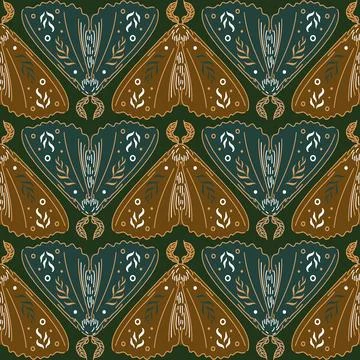 Moth, Elegant celestial seamless pattern with ferns. Boho magic background with Stock Illustration