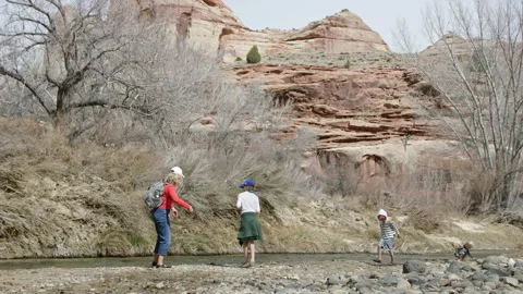 Mother and 3 sons skip and throw rocks in river, Escalante Utah wilderness Vidéo 248580596